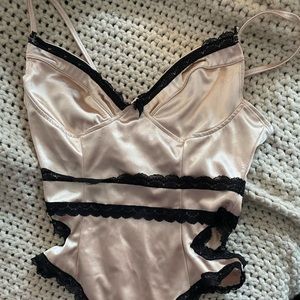Lovers + Friends 
Champagne silk and black lace body suit